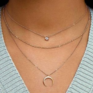 Gold Layered Crescent Necklace with Rhinestone Charm